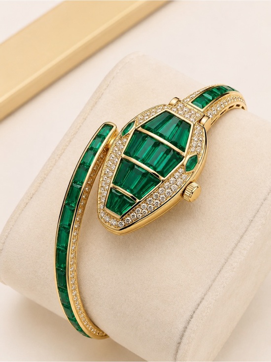 Anthropologie Accessories - Serpenti Style Emerald Green Crystal Bangle Watch – Gold Tone Quartz Watch